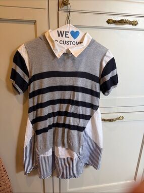 Layered-Style Grey & Navy Striped Top with Shirt Hem